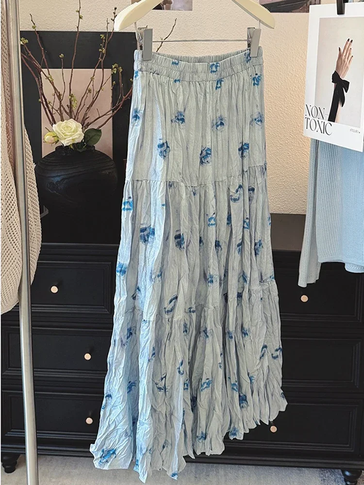 

Women Vintage Floral Skirts Temperament High Waist Long Skirt Streetwear Casual Versatile A-line Skirt 2025 Summer New