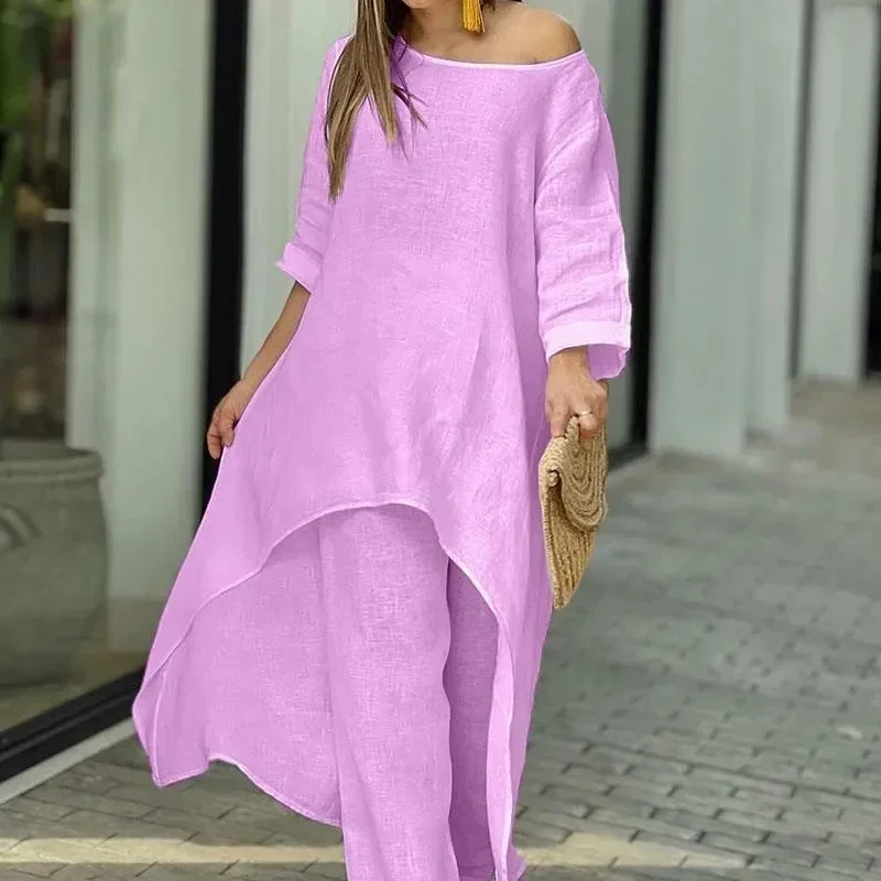 Summer Solid Casual Two-piece Sets Women Fashion Loose Wide Leg Pants and Blouse Tops Elegant Simple Two-piece Suit Shirt 26030