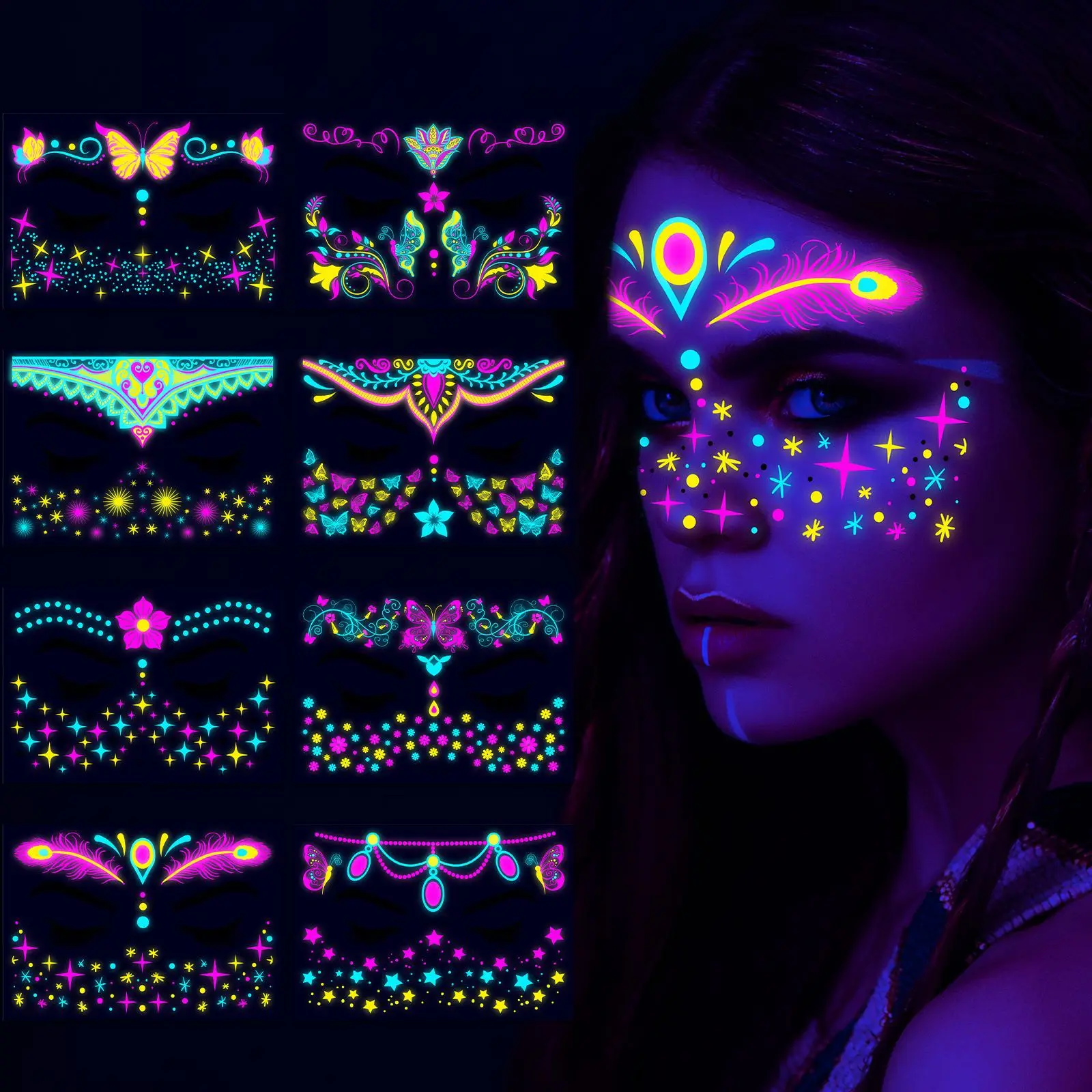 Luminous Temporary Tattoo Stickers Waterproof, Glow in the Dark, Ideal for Parties, Music Festivals, and Special Events