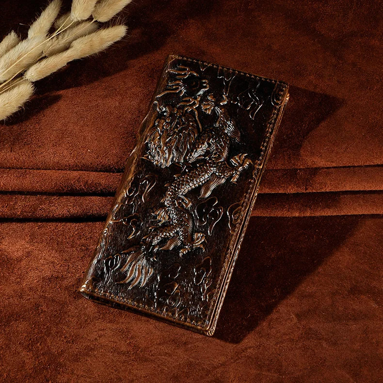 Handmade Long Wallet Men's Genuine Mad  Leather Bifold Credit Card Holder Leather Goods Chinese Zodiac Animal Design
