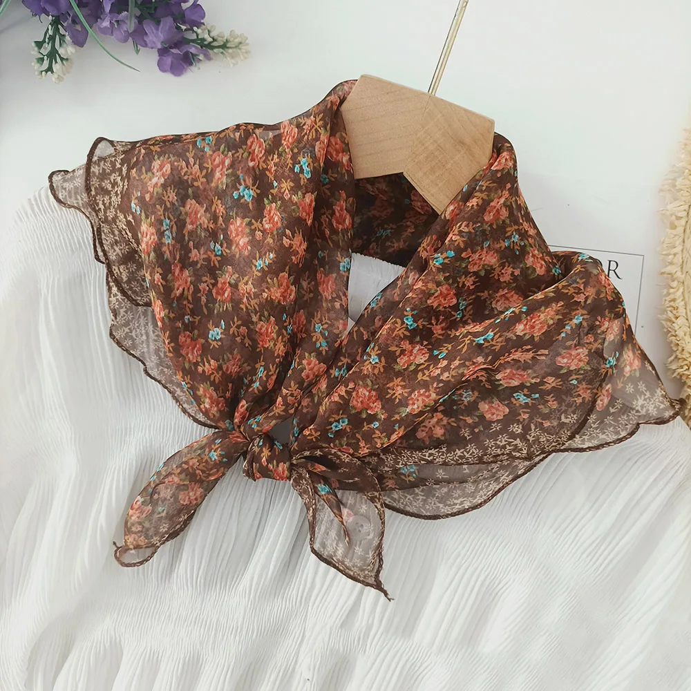 60*60cm Fashion Chiffon Ruffled edge Georgette Silk Scarf Floral Square Thin Square Shawls Female Hair Ties Bands Neckerchief