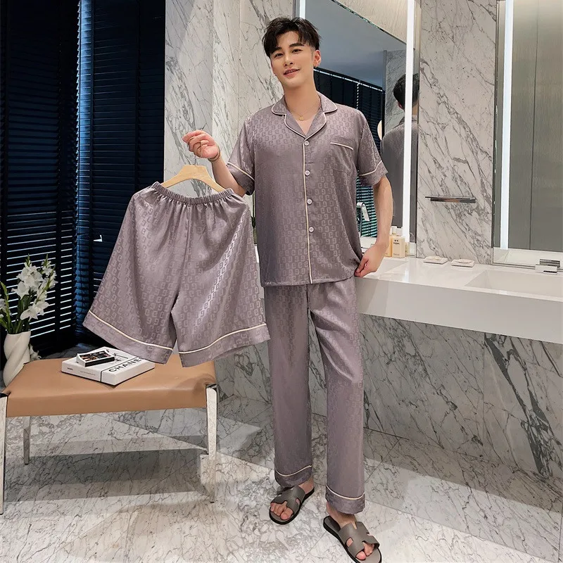 Fashion men's plain three-piece pajamas Summer thin ice silk lapel nightgown boys open button short sleeve pants home wear