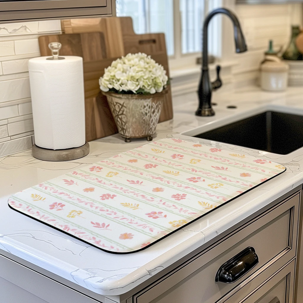 Pastel Floral Stripe Dish Drying Mat Super Absorbent Polyester Pad Non-Slip Quick Dry Mat for Kitchen Countertop Coffee Mats