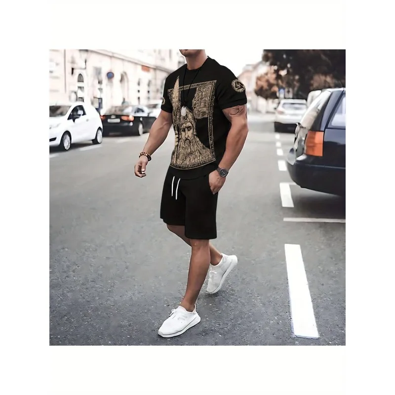 2025 Casual Daily Sports Polyester Fiber Set Fashionable Men's 3D Printed Round Neck T-shirt Shorts