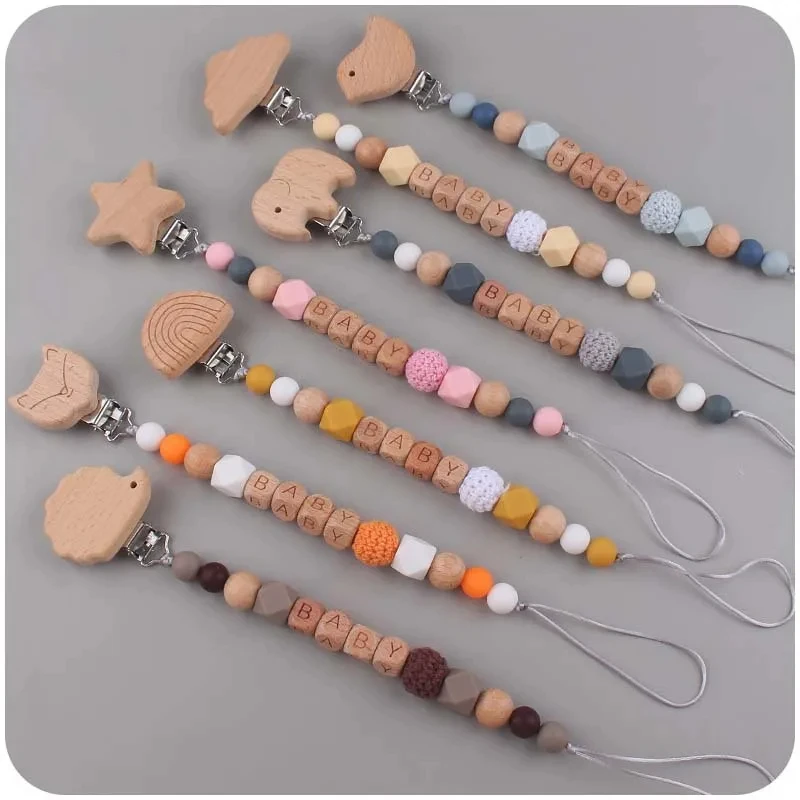 ABCPICK Eco-Friendly Wooden Pacifier Clip 18pc Beech Animal Natural Toys DIY Pacifier Chain Jewelry Making Handmade Accessories