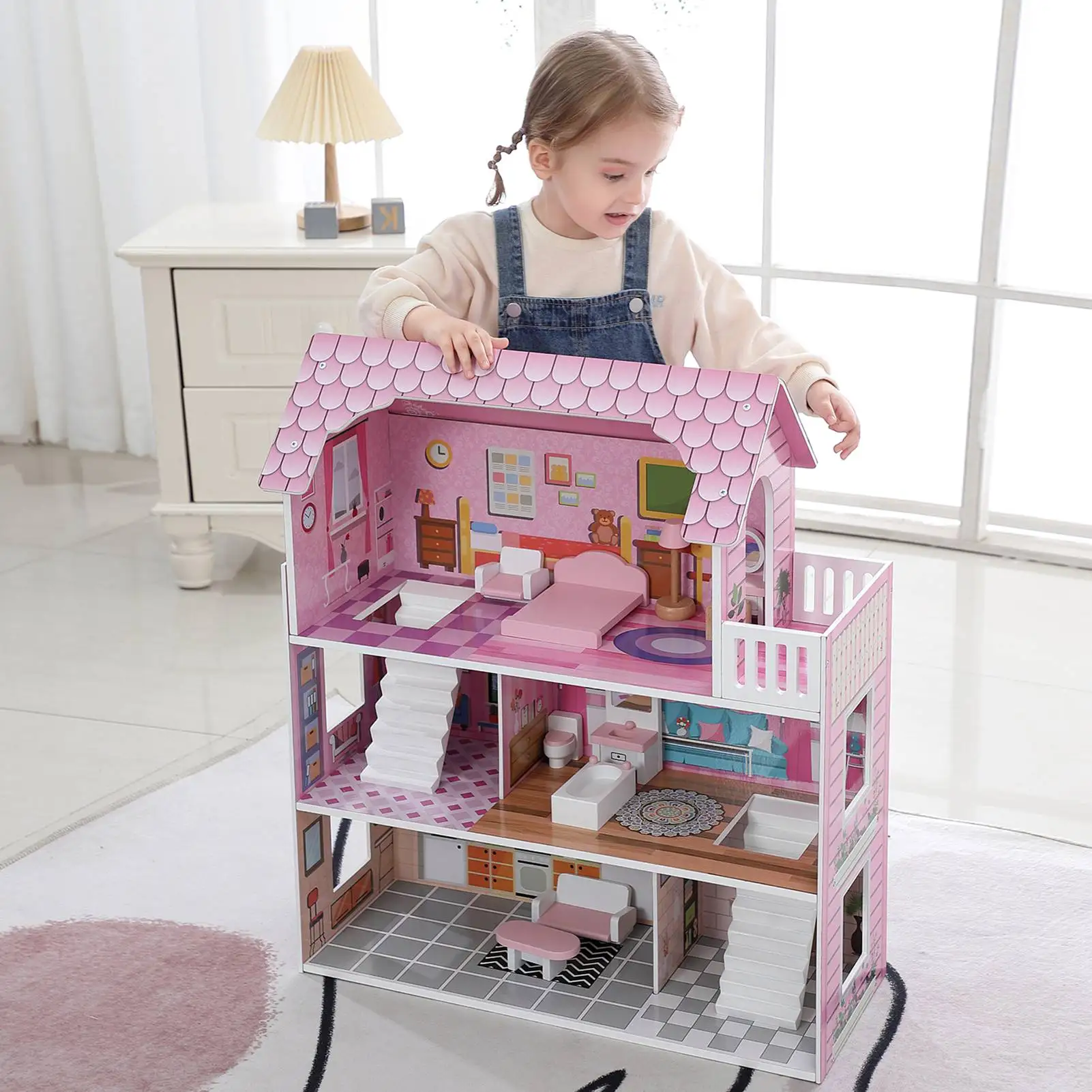 3 Story Dollhouse Playset with Furniture Multiple Rooms Doll Cottage for Girls Above 3 Years Old Role Playing Pink