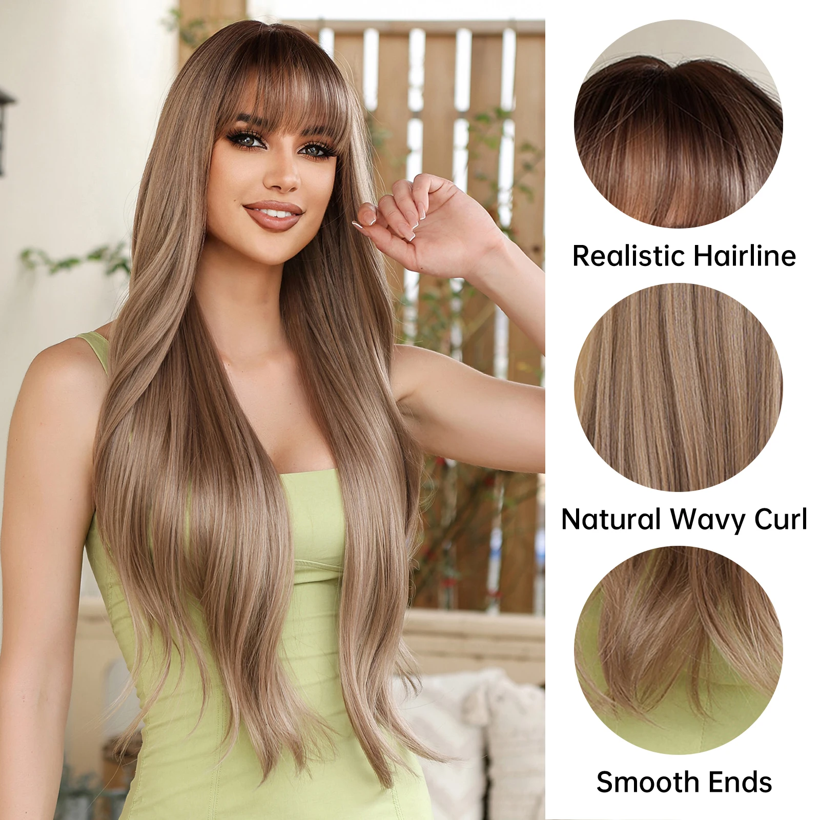 EASIHAIR Brown Long Wavy Synthetic Wigs for Women Rose Golden Hair Wigs with Bang Heat Resistant Daily Cosplay Party Fake Hairs