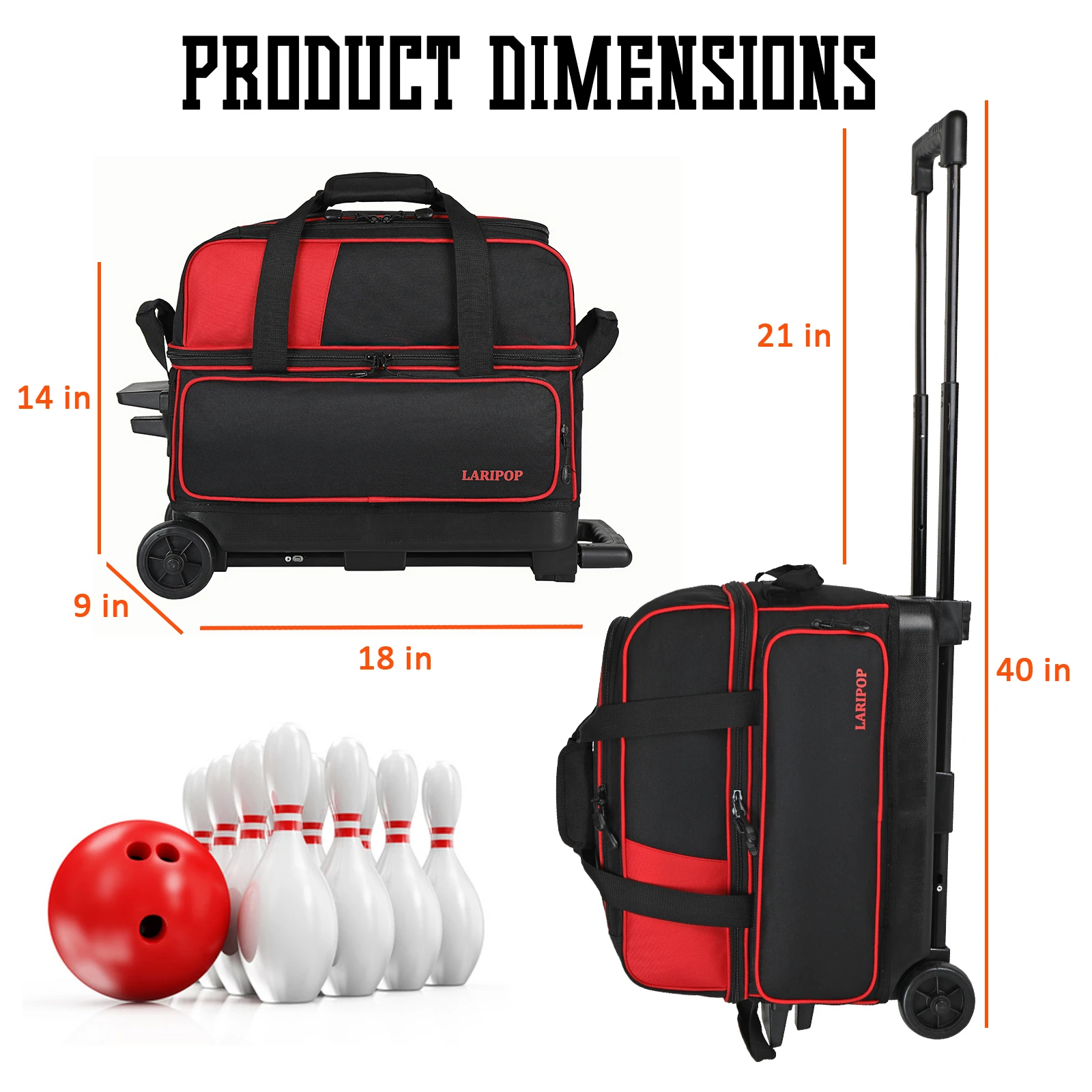 Dual Roller 2-Ball Bowling Bag, Featuring a Separate Large Shoe Compartment Capable, a 3-Section Telescopic Handle that Extends