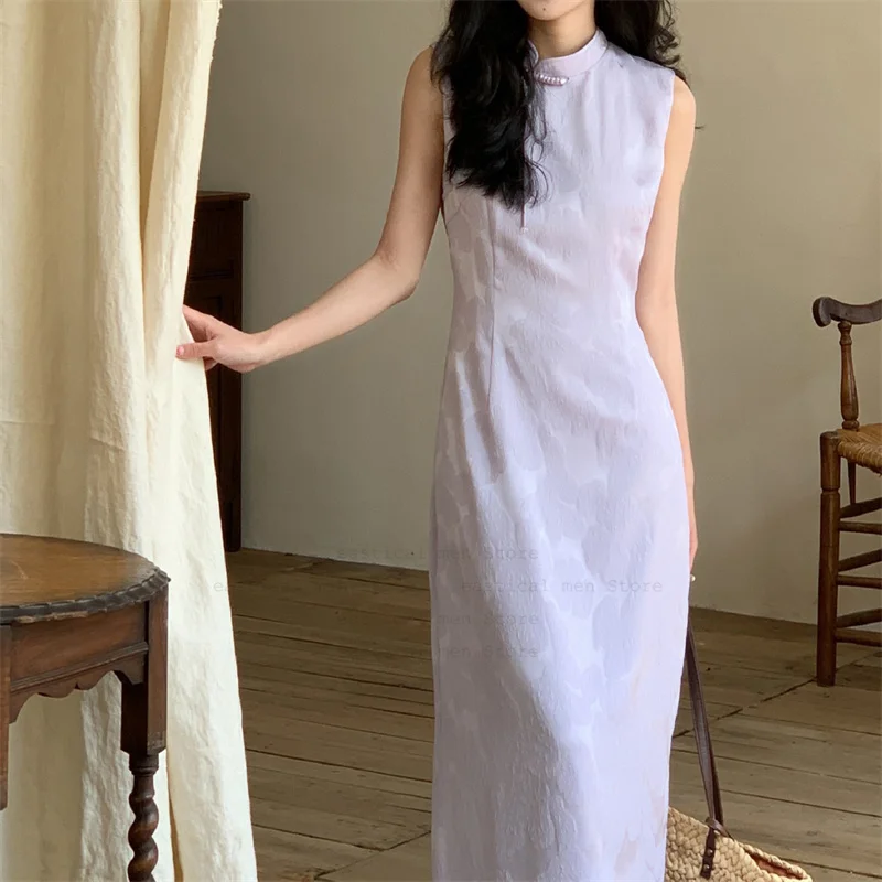 

Purple Elegant Cheongsam Lady Sexy Sleeveless Chinese Style Dress Summer Casual Streetwear Jacquard Qipao Long Vestidos Robe