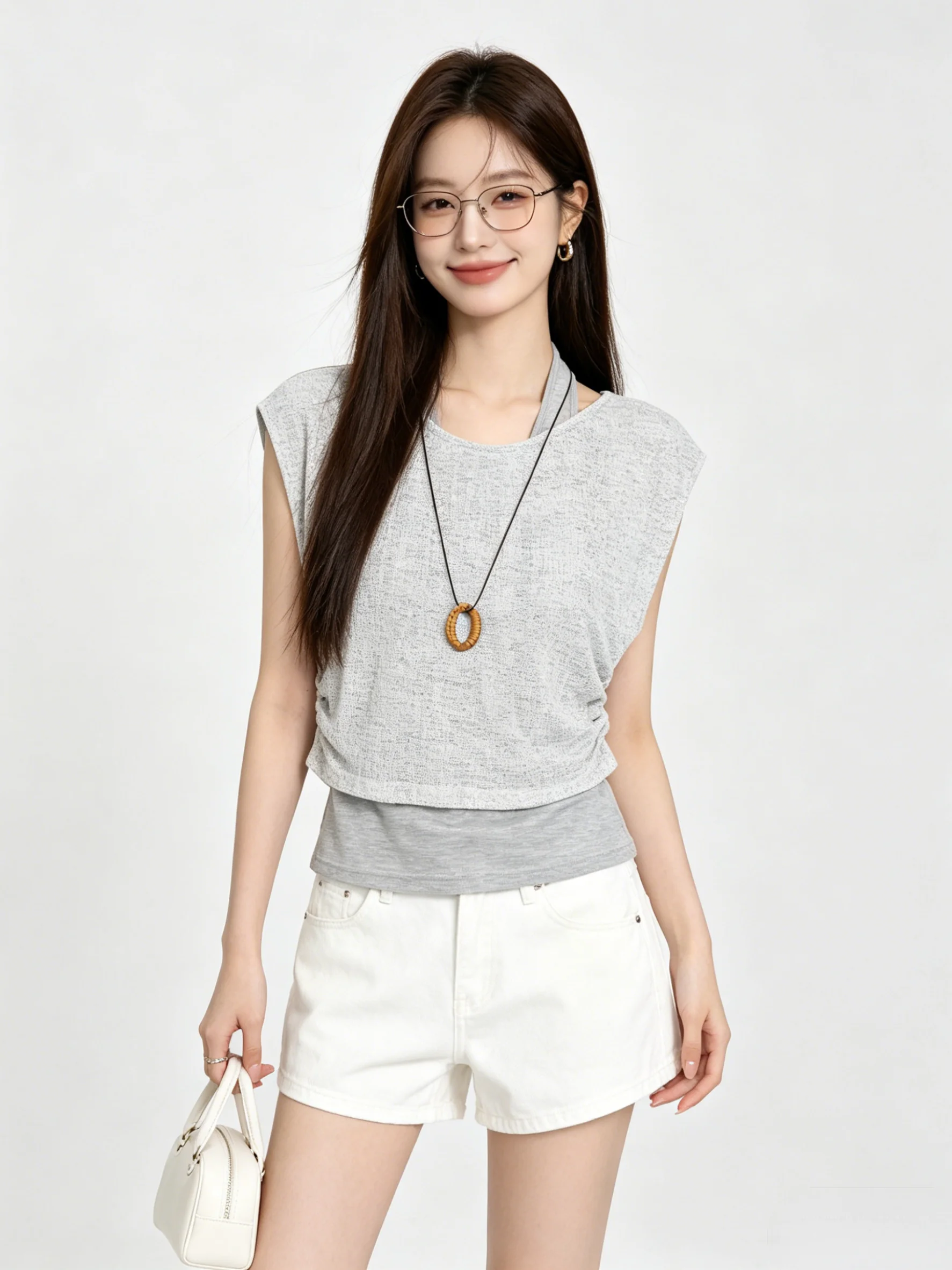

Skin-friendly Breathable Knitted T-shirt Short Sleeve round Neck Casual Fashion Set Two-piece Hanging Neck Vest Anti-ageing