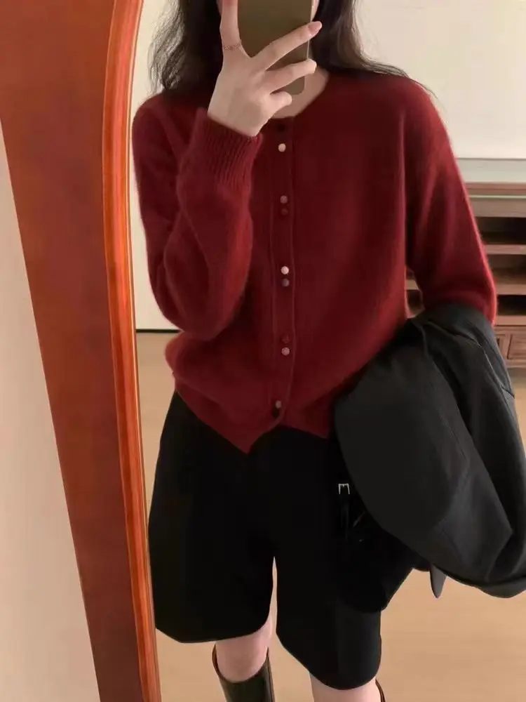 100% Merino Wool Autumn Winter Women Sweater Round Neck Knit Cardigan Multi Color Buttons Loose Soft Wool Fit Knitted Jacket