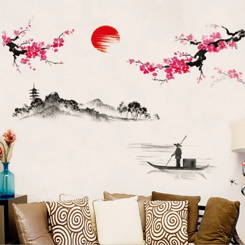 

Plum Sunrise Landscape Chinese Style Art Wall Stickers Living Room Bedroom Background for Home Decoration Mural Decals Wallpaper