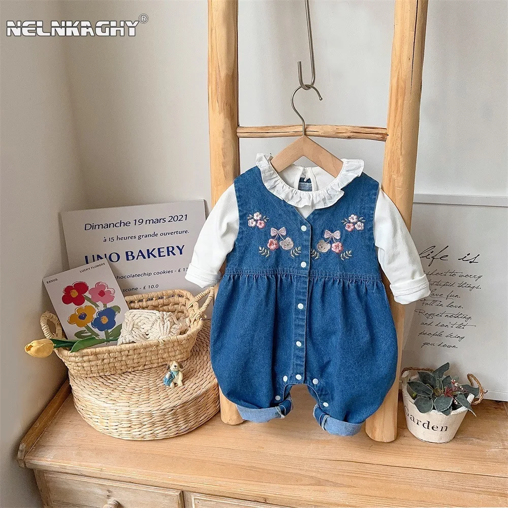 2024 spring new in kids baby girls cute clothing set 2pcs infant solid color ruched top shirts+embroidery flower overalls romper