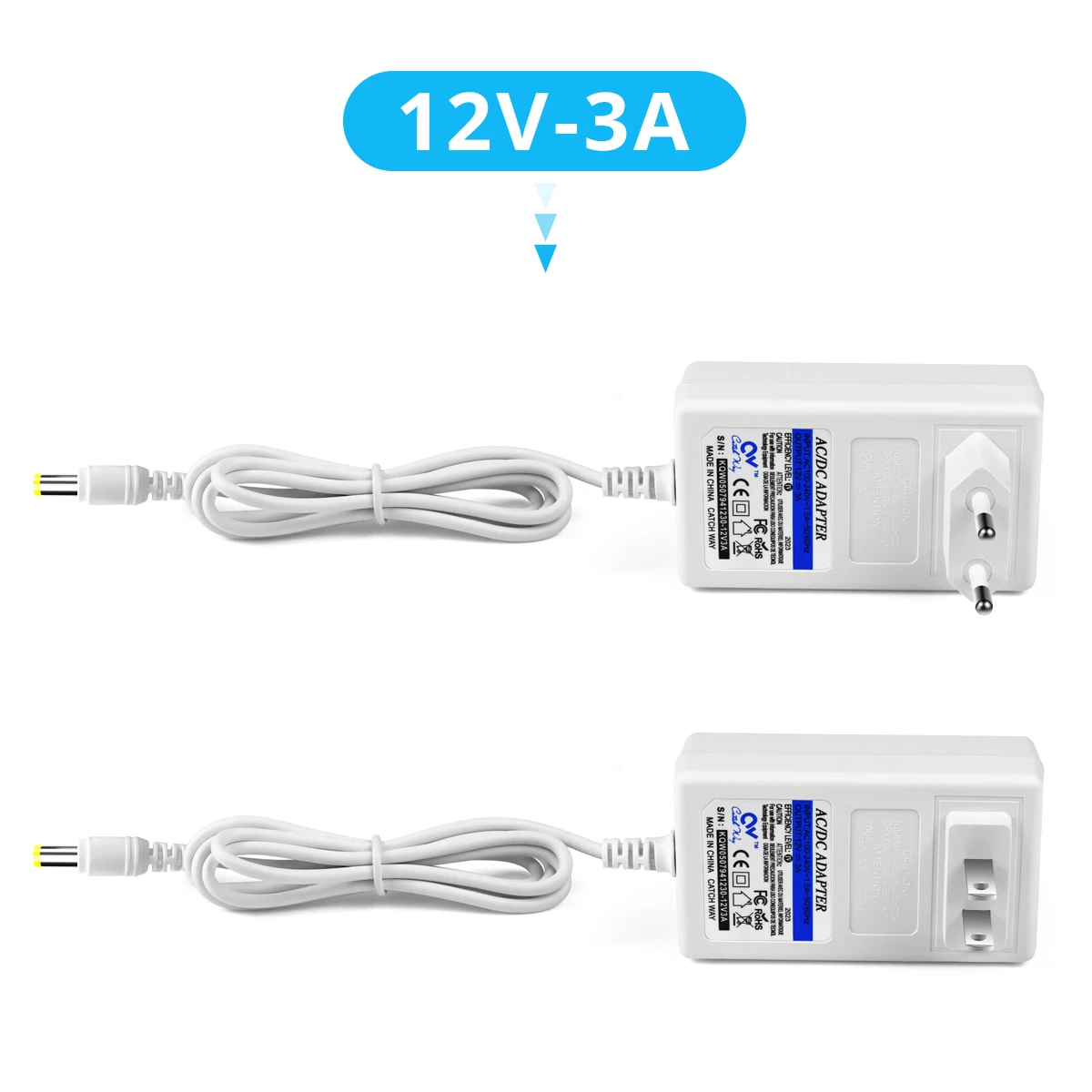 Uniwersalna ładowarka sieciowa, AC 110 V, 220 V do DC12 V, 2 A, 3 A, zasilacz, wtyczka EU, US, 12 V, 5,5 x 2,1 mm, biała obudowa