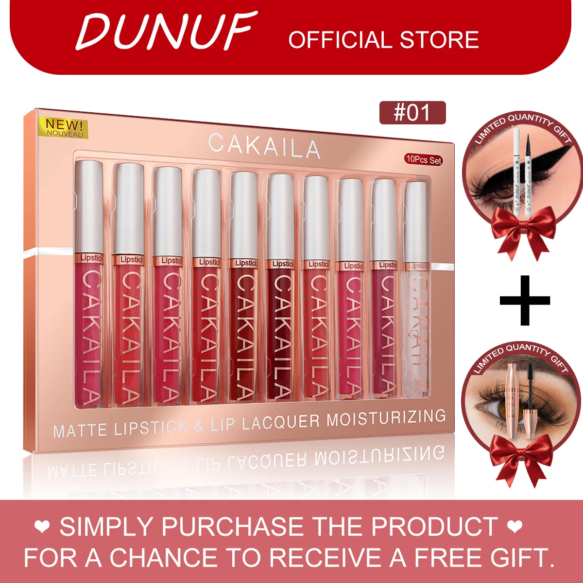 CAKAILA 10 Colors Matte Lip Lacquer Liquid Lipstick Set Moisturizing Long Lasting High Pigment Waterproof Lip Gloss Cosmetic Makeup Kit for Women, Free Eyeliner & Mascara as Limited Bonus Gift