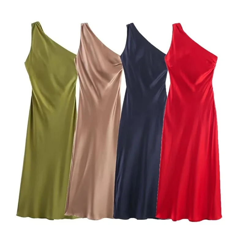 Vestido de mujer otoño nuevo estilo Color sólido sin mangas vestido de satén asimétrico elegante y elegante