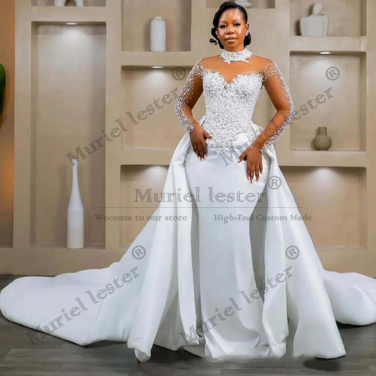 

African Mermaid Wedding Dresses With Detachable Train For Bride Customized 2 Pieces High Neck Beaded Stones Bridal Gowns Luxury