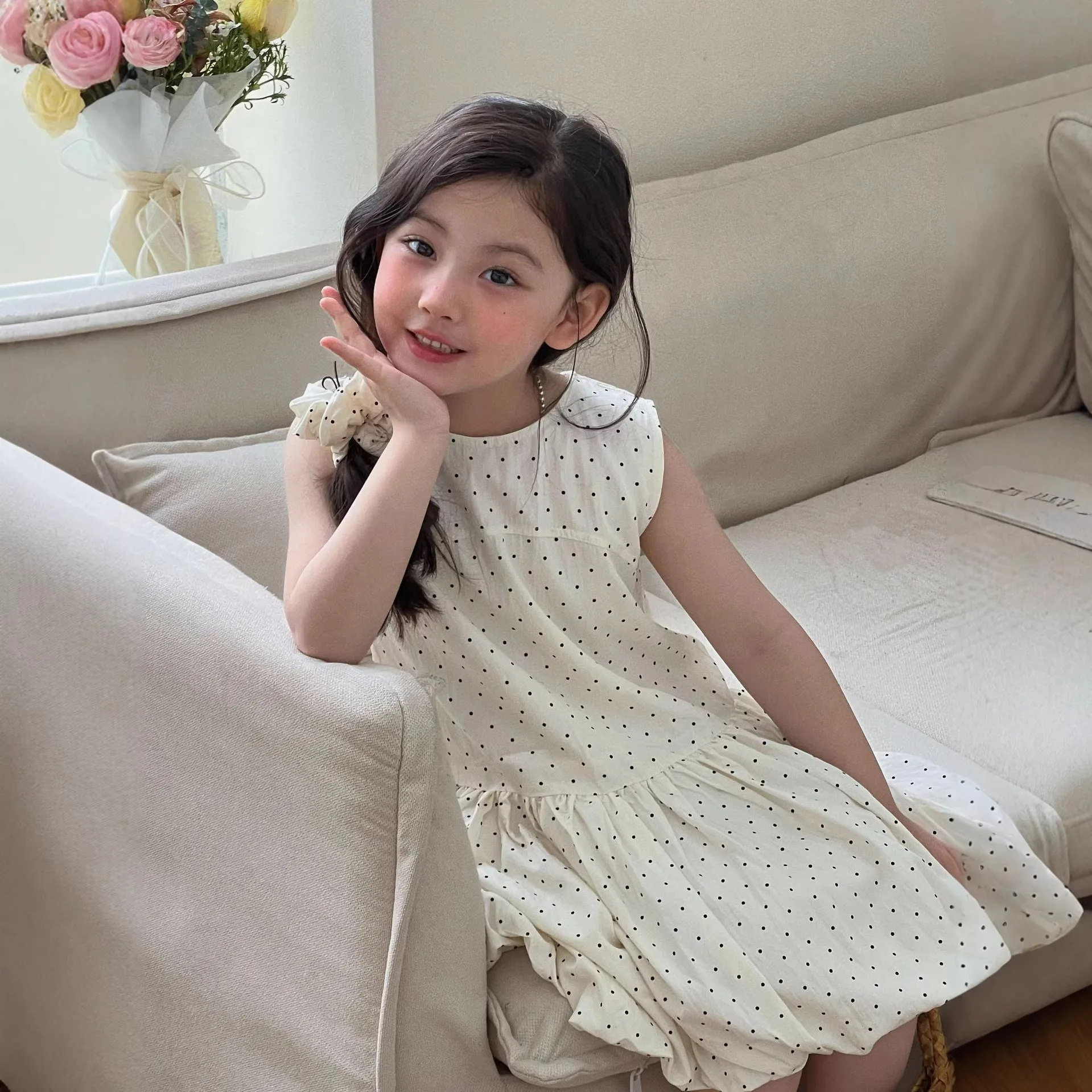 Forest style girls' 2026 spring and summer new polka dot suspender dress with a stylish A-line short skirt
