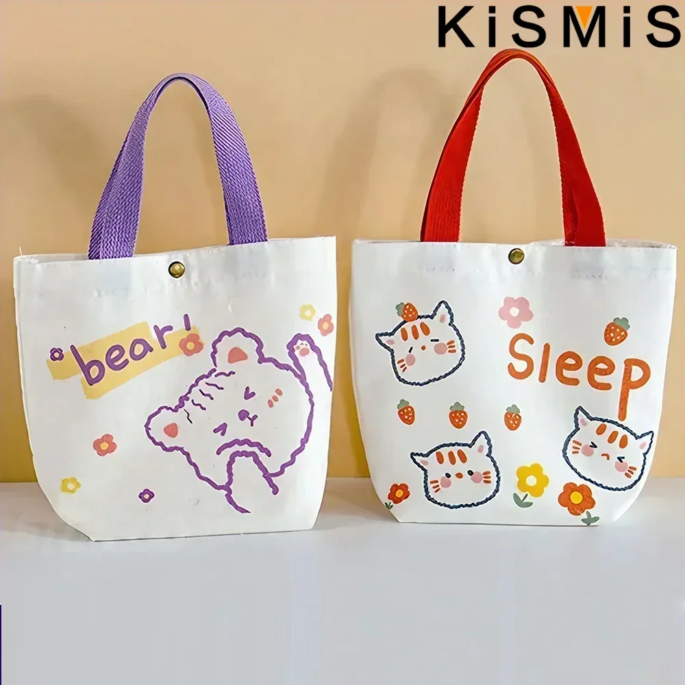 KISIMIS Women Mini Cotton Canvas Tote Cute Bear Simple Handbag Shopping Bag Lunch Bag Small Lovely Decoration Storage