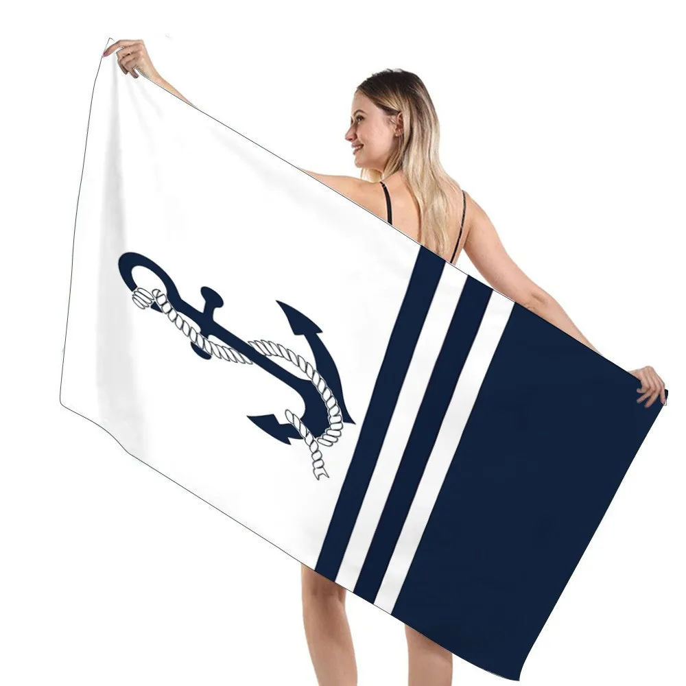 Nautical Themed Anchors Pattern Beach Towel Microfiber Sand Free Striped Travel for Adults Kids Gift Quick Dry Navy Blue Towel