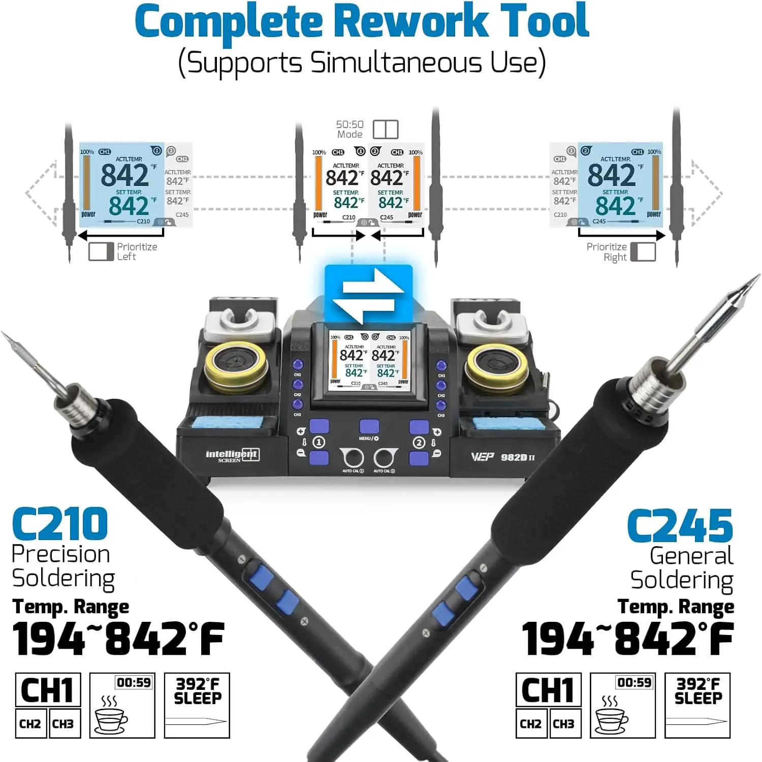 982D-Ii 2-In-1 Micro Soldering Kit With Type-210 And 245 Micro Soldering Iron; Automatic Calibration, Adaptive Display