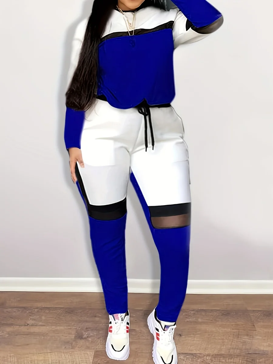 5XL LW Plus Size Women Two Piece Color-lump Tracksuit Pants Set Patchwork Sporty Long Sleeve Conventional Collar Spring Outfits