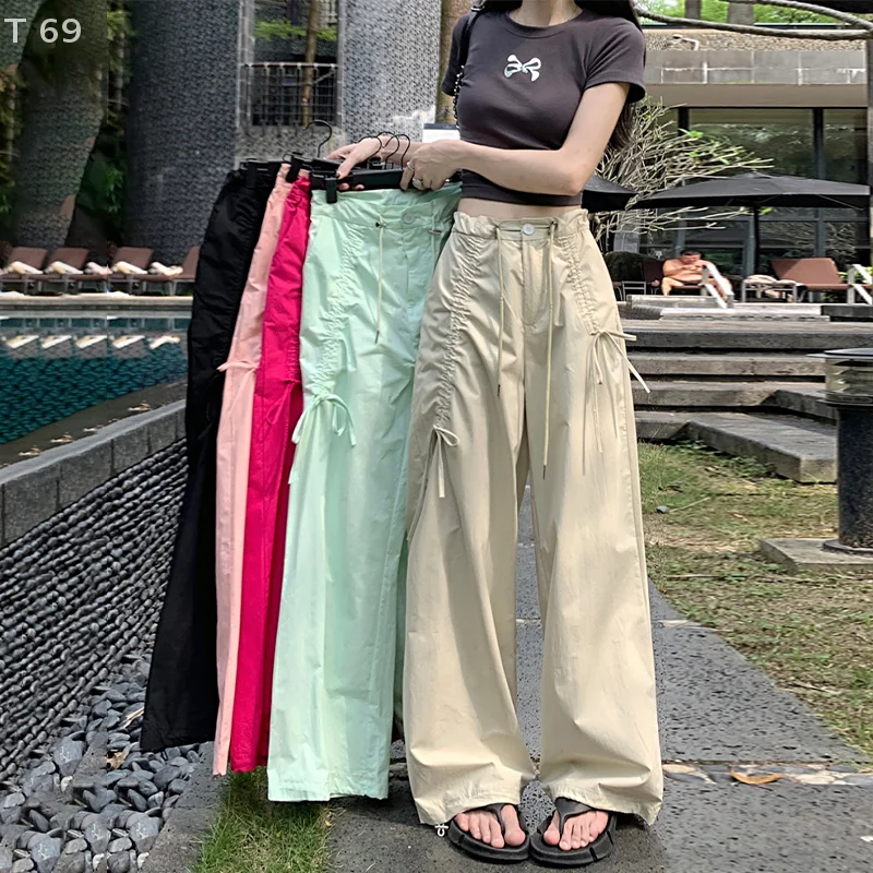 American Street เอวสูงแฟชั่นและสบายๆหวานเอวสูง Drawstring หลวมอเมริกันกางเกงทํางาน