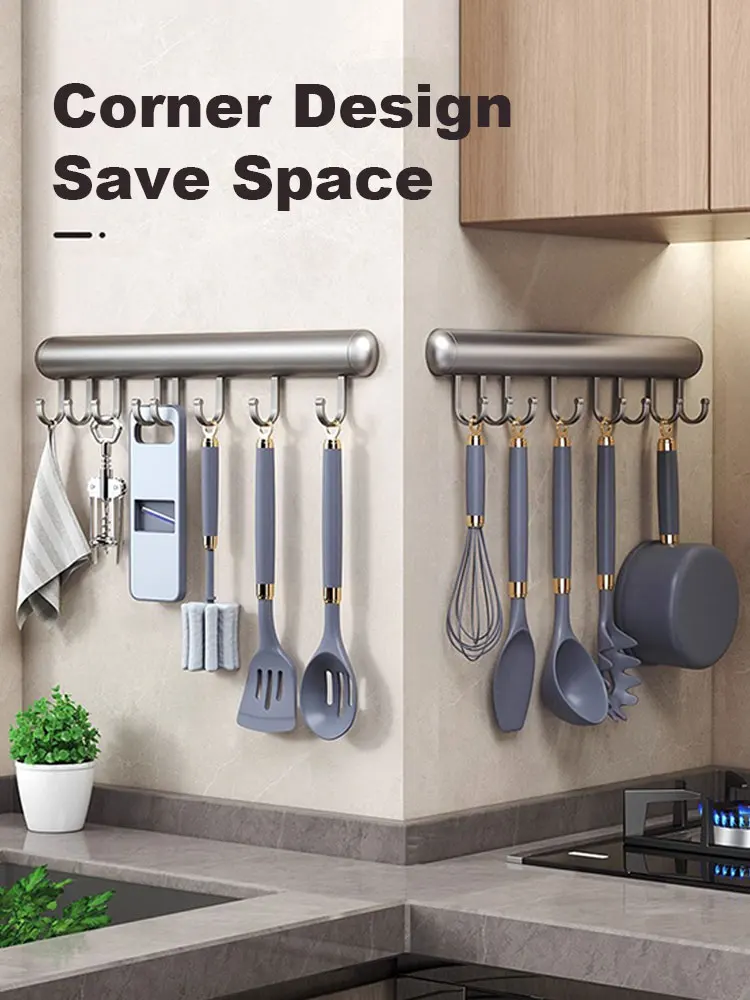 30/50cm Wall Mounted Kitchen Hook Rack Aluminum Cabinet Storage Kitchen Utensils Rack Spoon Shovel Movable Hook Accessories