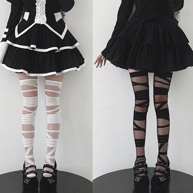 Y2k Bandage Thigh High Stockings Women Sexy Girls Ultra-thin Transparent Knee High Socks JK Lolita Thigh High Socks Stockings