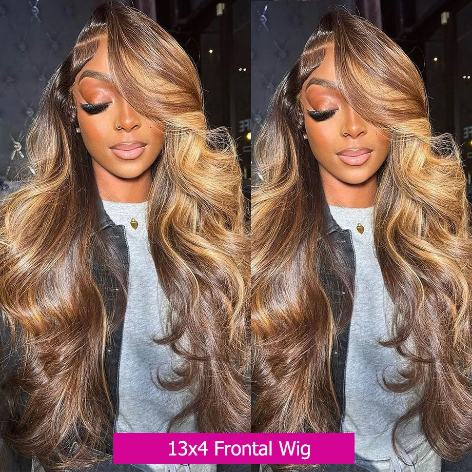 13x6 Glueless Highlight HD ลูกไม้ด้านหน้าวิกผมผมมนุษย์ Ombre สีน้ําผึ้งสีบลอนด์วิกผมผมมนุษย์ Body WAVE สําหรับผู้หญิง 4x4 5x5