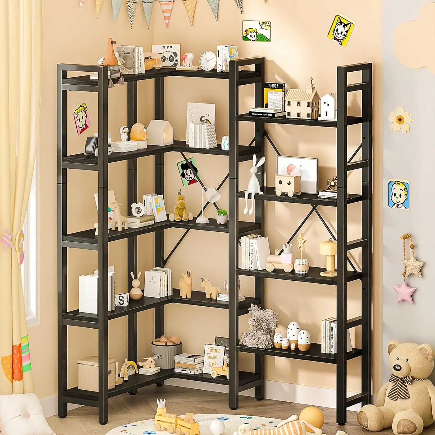 Triple Wide 5 Tier Bookshelf, Shape Changeable Bookcases, Open Display Shelves, Modern Tall Bookcase Furniture For Bedroom,