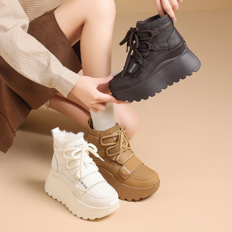 

Womens Winter New Leather Upper Boots Thick Fleece Lined High Top Sneakers Height Increasing Versatile Casual Warm Daily Shoes