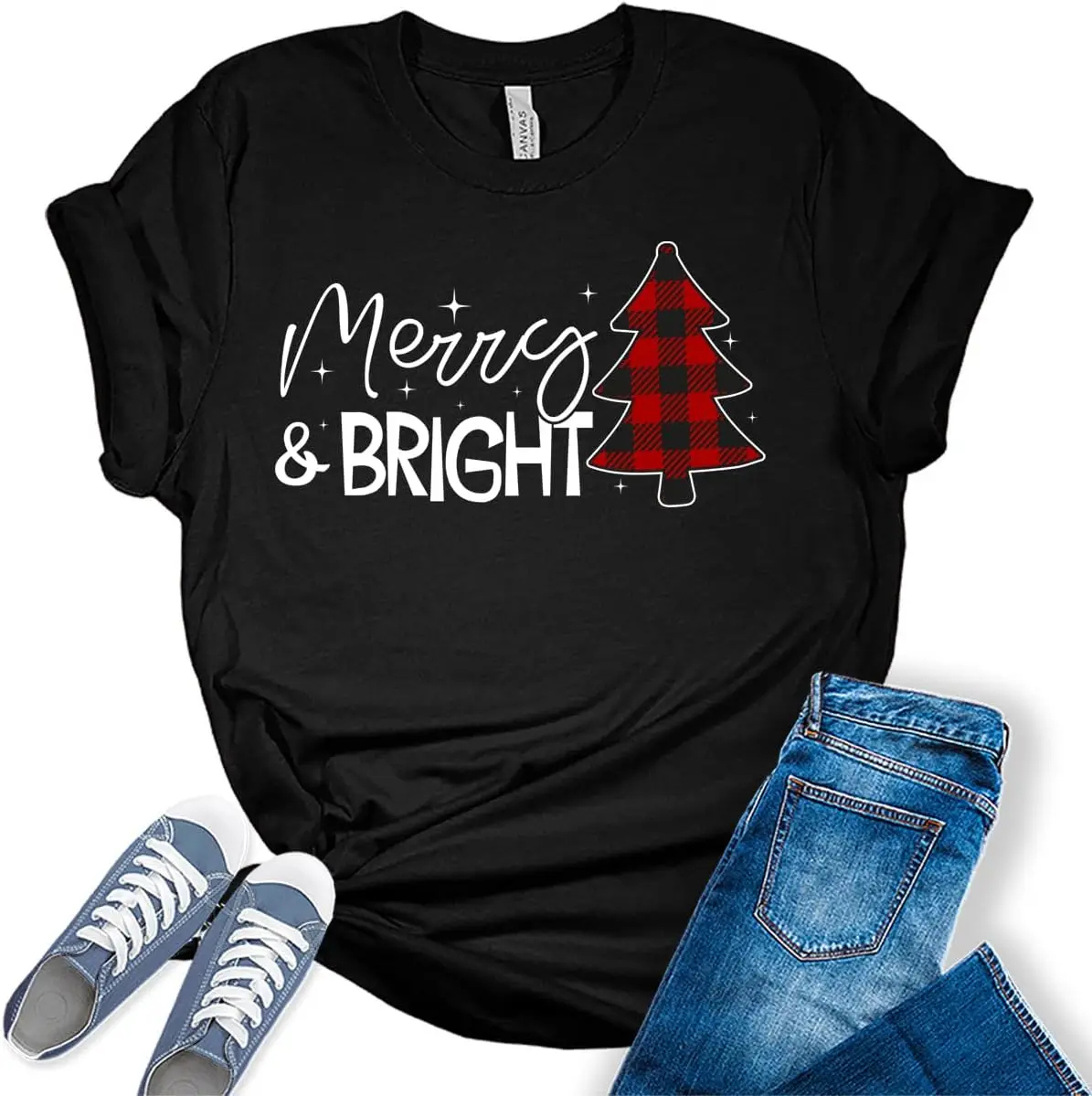 Merry and Bright Shirt Buffalo Plaid Christmas Tree Tshirts Holiday Graphic Tees