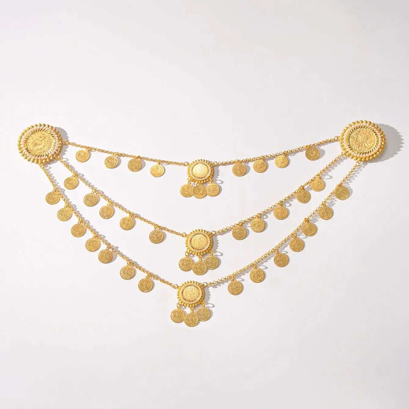 Gold Plated Turkish Kurdish Women's Shoulder Jewelry Chain Arabic Coin Big Necklace for Wedding Festival Costume