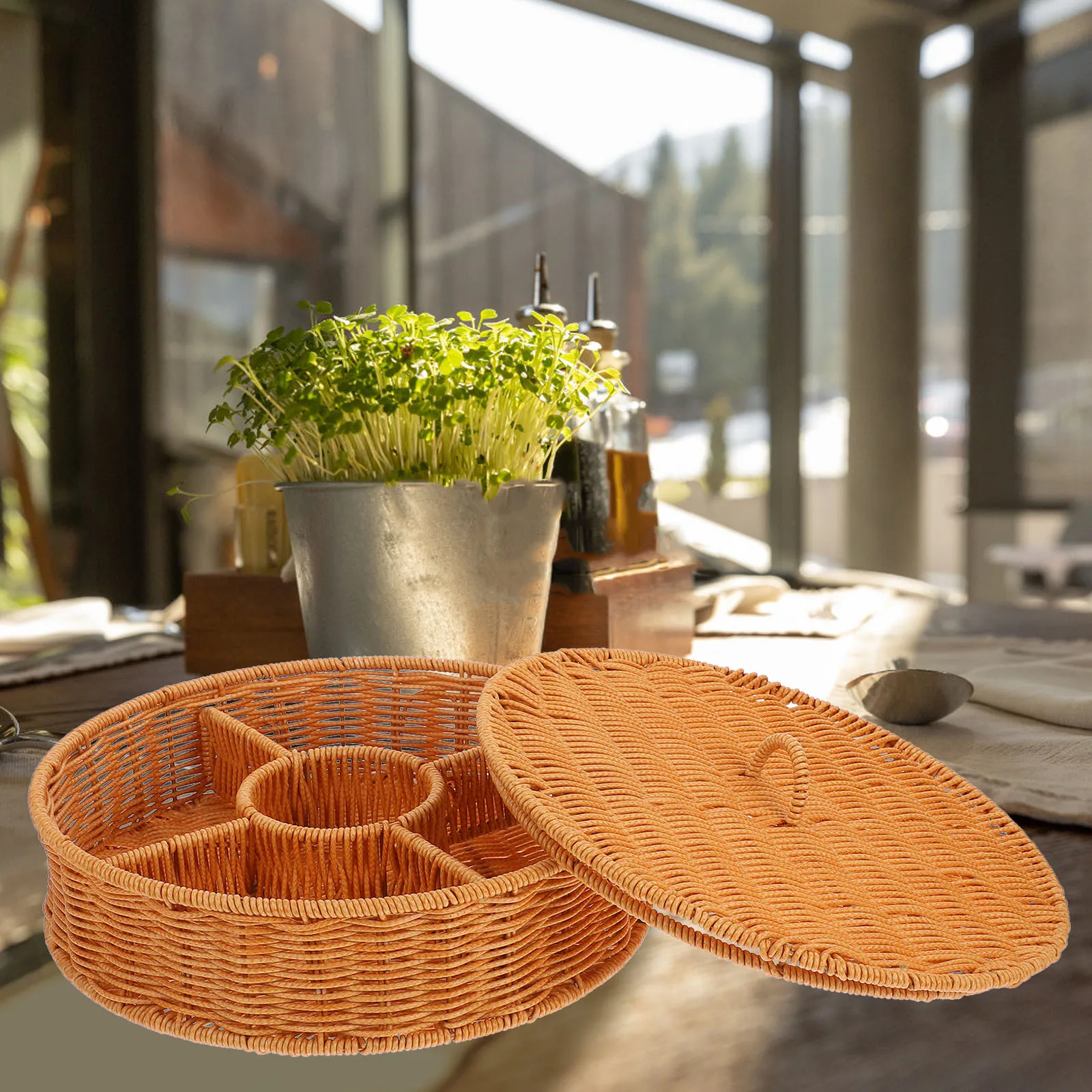 

1pcs Large Round Woven Rattan Storage Basket With Removable Dividers Lid Multicompartment Fruit Snack Organizer Home Decor