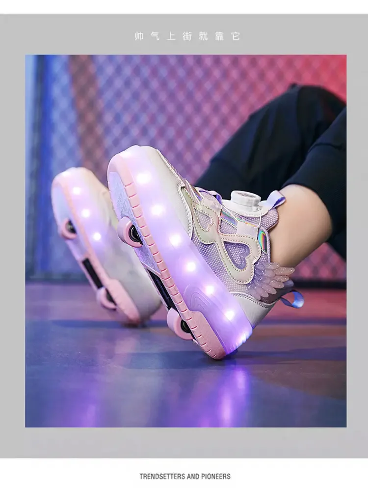 Children Two Girls Wheels Luminous Glowing Sneakers Heels Pink Led Light Roller Skate Shoes Kids Led Shoes USB Charging 29-38