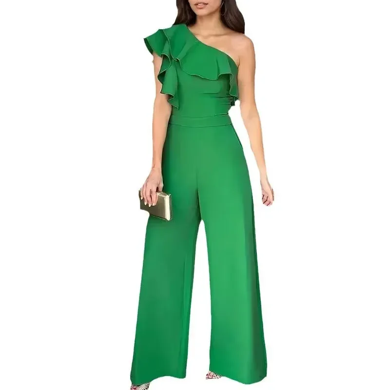 Elegancki macacão z wysokim stanem, szerokimi nogawkami i koronkowym wykończeniem, prosty krój, pojedyncze ramię dla kobiet, marka