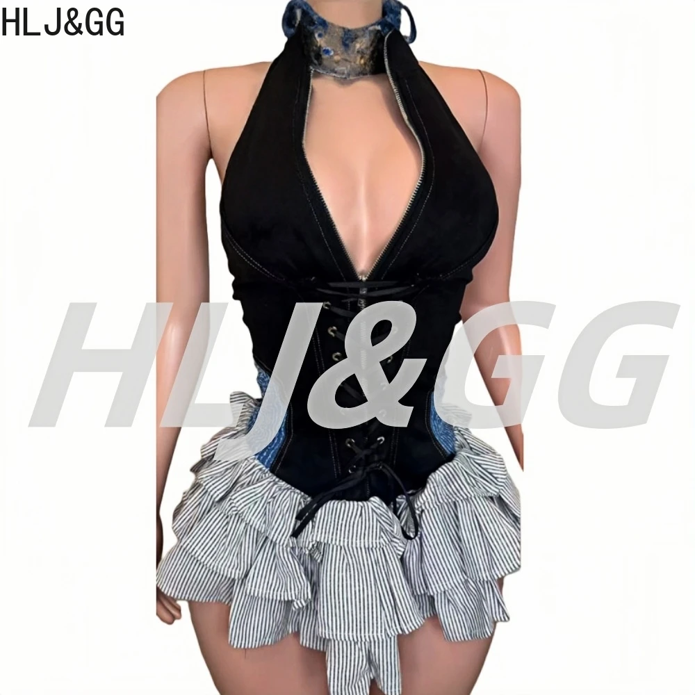 HLJ&GG Trendy Women Patchwork Plaid Mini Dress Women Halter Sleeveless Bandage Ruffle Vestidos Y2K Fashion Retro American Street