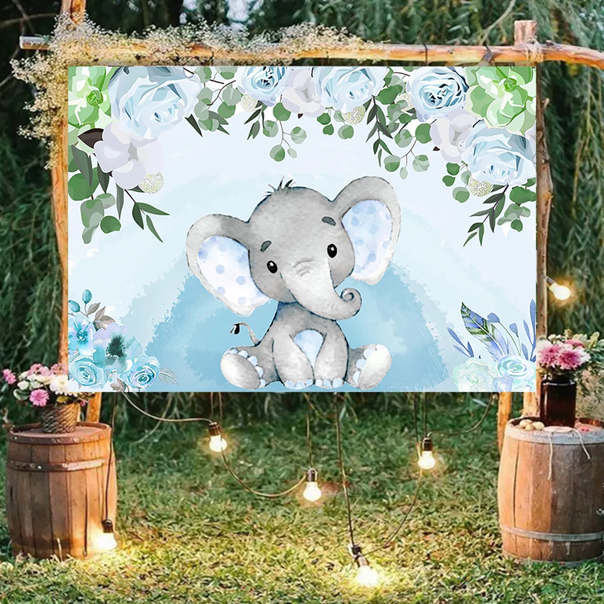 Cute Elephant Prince Baby Shower Party Backdrop Decorations Glitter Blue  Boy Birthday Photo Background Banner