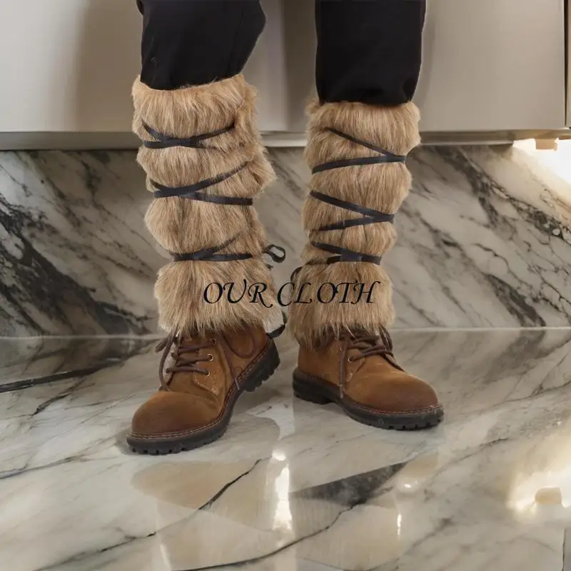 Medieval Leather Leg Guard Boot Covers Vintage Furry Leg Gaiters Mercenary Leg Guards Leg Warmer for Halloween Cosplay Y1AC