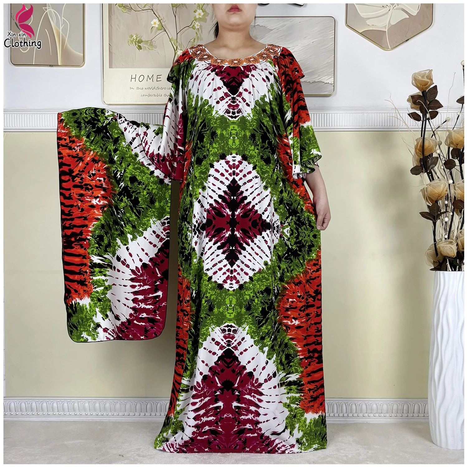 

2025 New Muslim Women Batwing Sleeve Dashiki Dress Loose Cotton Print Floral Boubou Maxi Islam Women Dress African Abaya Clothes