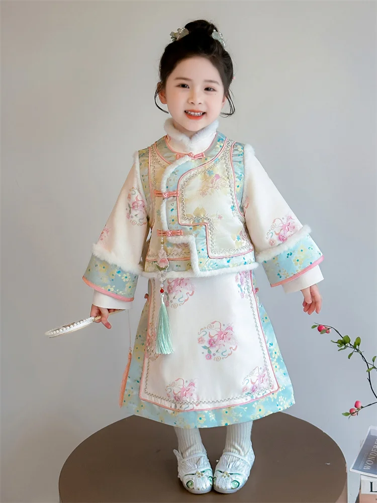 

Утепленный комплект юбки Ханьфу для девочек: модная зимняя одежда в старинном стиле, детская традиционная китайская одежда для косплея