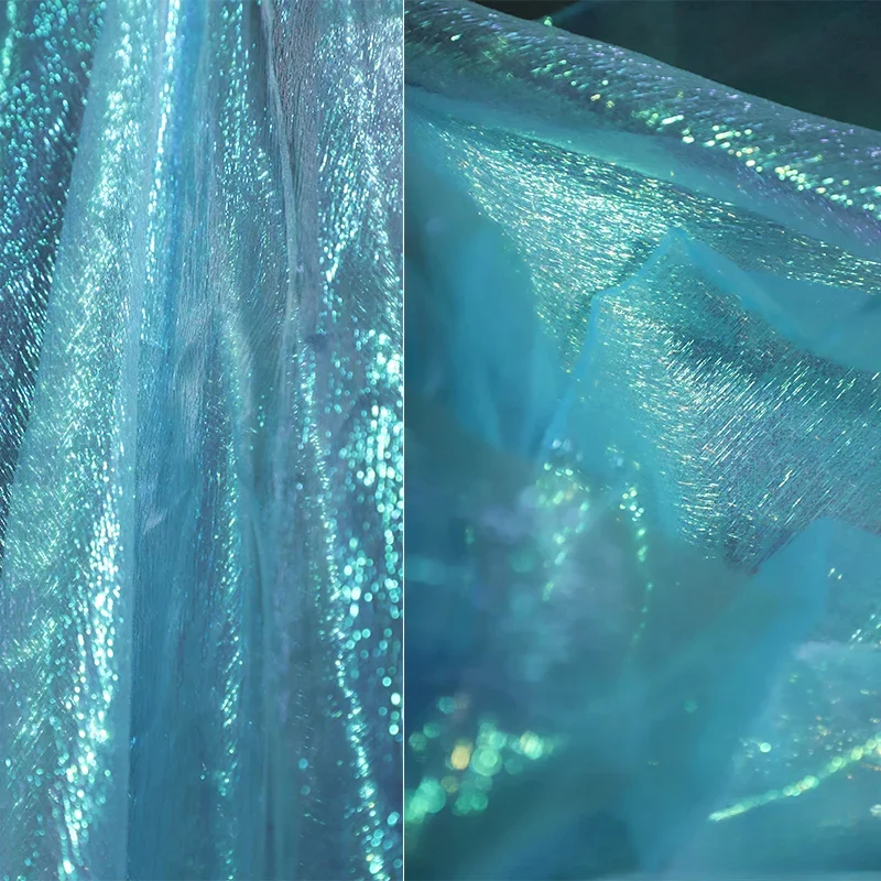 

Medium Hard Soft Thin Wrinkled Texture Mint Blue Crystal Perspective Fluffy Skirt Wedding Dress DIY Designer Fabric