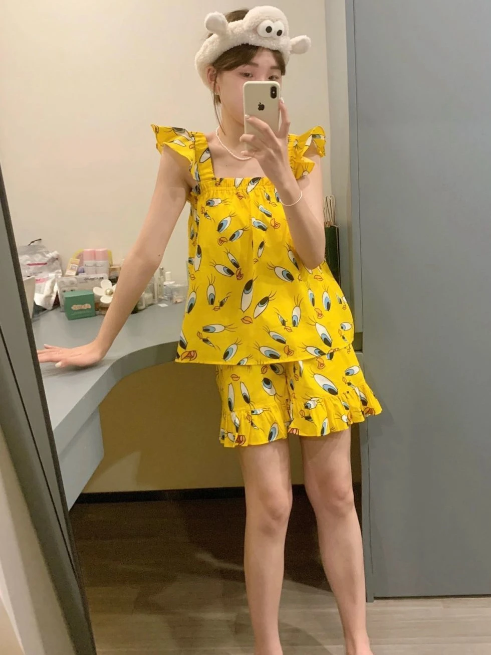

Cute Little Yellow Du Print Spwear Women's Summer Svel Vest orts Set Faionable Two-Piece Outfit Fly Matching