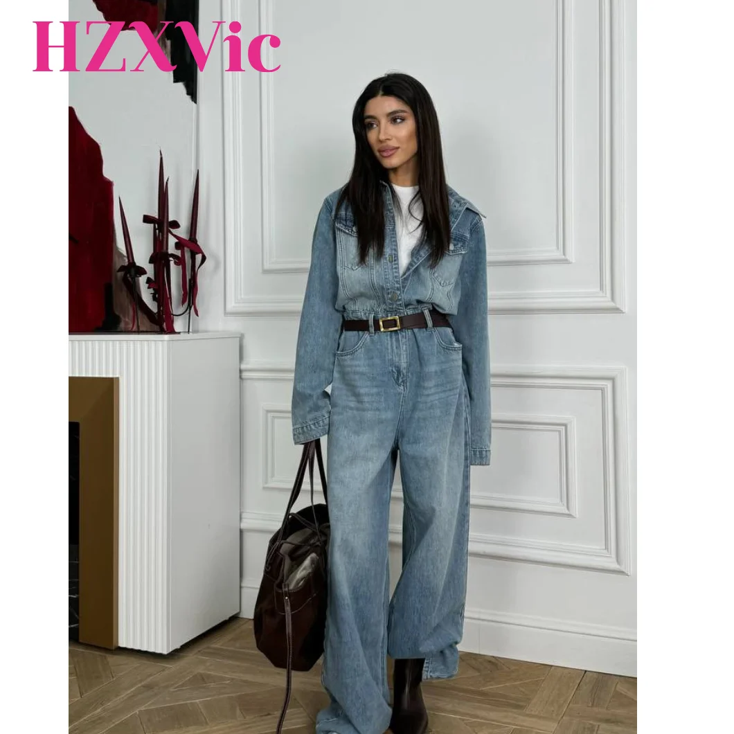 

HZXVic Women's Retro Denim Style Casual Jumpsuit Loose Fit High-End Sense Outfit Set Niche Wholesale