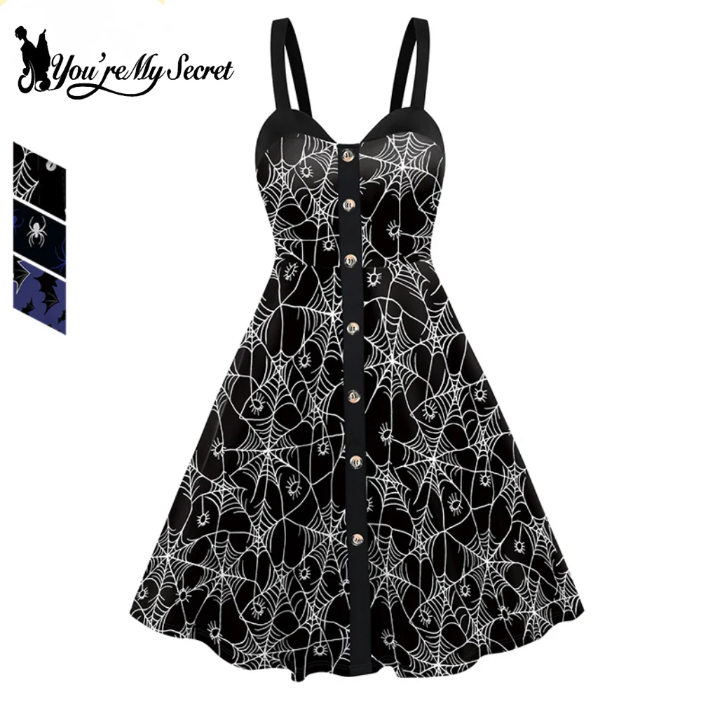 [You're My Secret] Women Bat Spider Web Print Dress Summer Sleeveless Camisole Dresses Halloween Party Costume Daily Streetwear