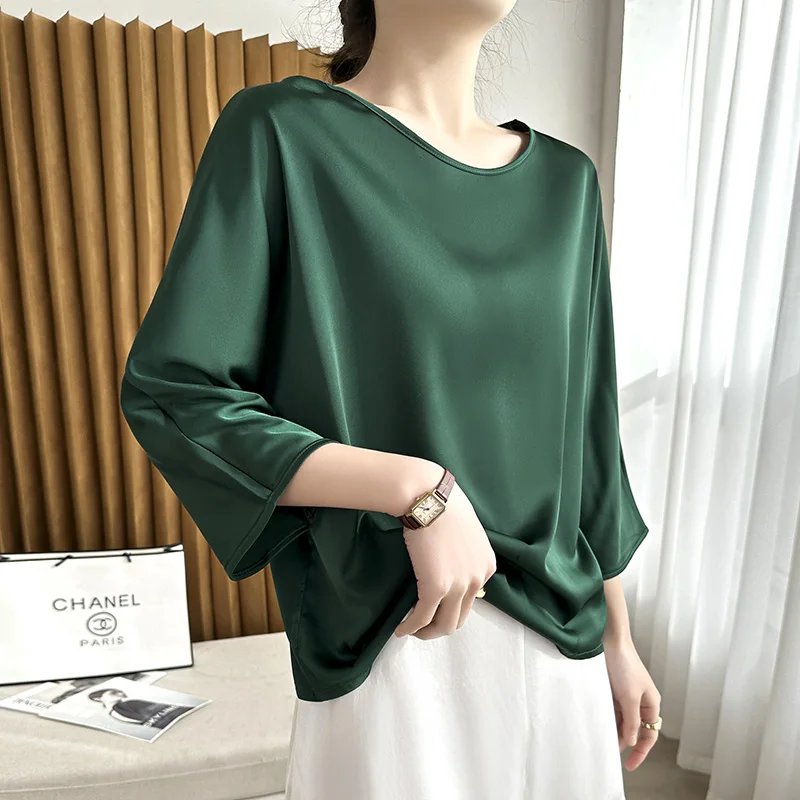 

Summer New Short-Sleeved Acetic Acid Satin Round Neck Loose Joker T-Shirt Women's Mid-Sleeve Five-Point Sleeve Jacket Short