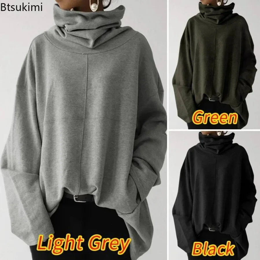 

New 2025 Women's Casual Sweatshirt Solid Turtleneck Long Sleeve Pockets Loose Hoodies Female Autumn Winter Trendy Ladies Clothes