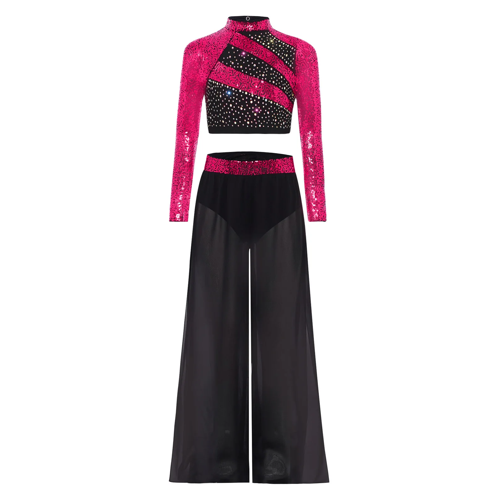 Girls Sparkly Sequin Dance Outfit Long Sleeve Crop Top with Chiffon Wide-Leg Side Slit Dance Pants Ballet Jazz Lyrical Dancewear