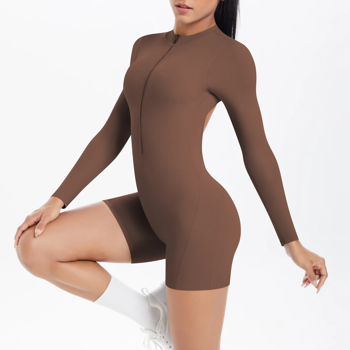 Sport-Shapewear für Damen, kurzärmeliger Einteiler mit Reißverschluss, atmungsaktiver, schnelltrocknender Sport-Yoga-Bodysuit – Detail 13